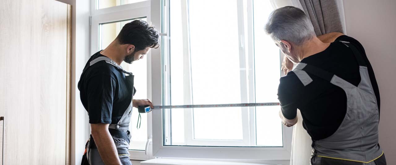 Two professional workers in uniform using tape measure while measuring window for installing blinds indoors. Construction and maintenance concept. Focus on young man. Horizontal shot